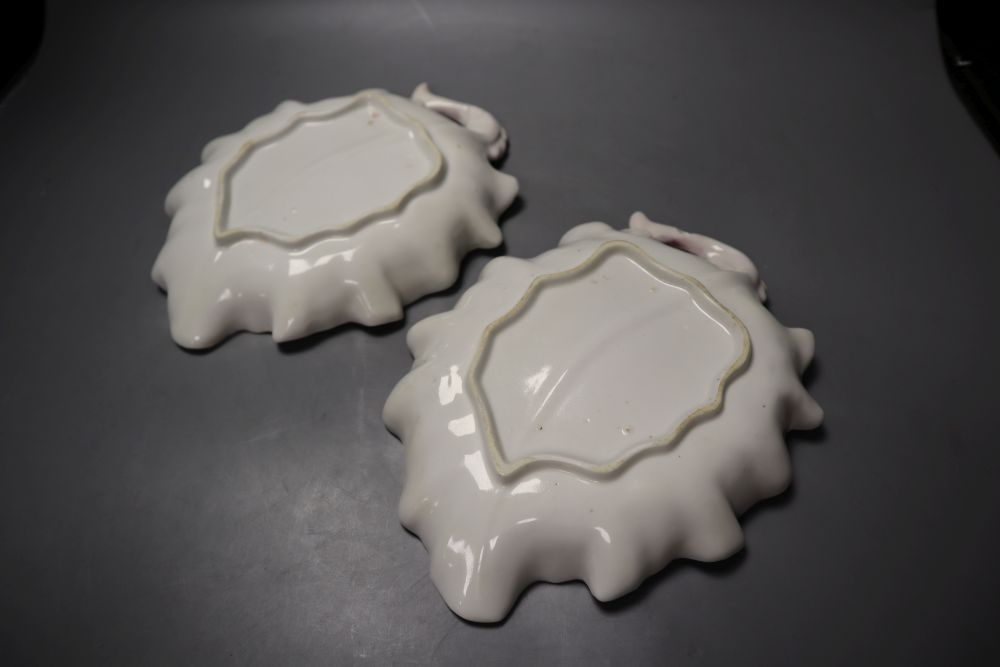 A pair of Chelsea red anchor period leaf shaped dishes, c.1755, one only with red anchor mark, 24cm (both a.f.)